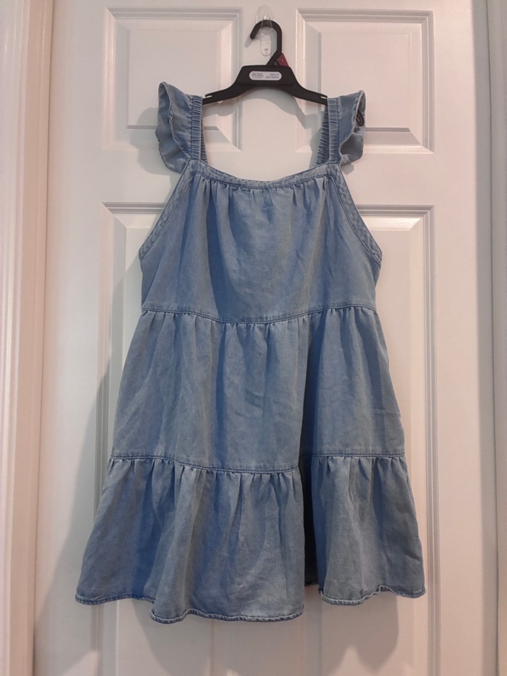 Light Blue Chambray Tiered Ruffle-Shoulder Mini Dress